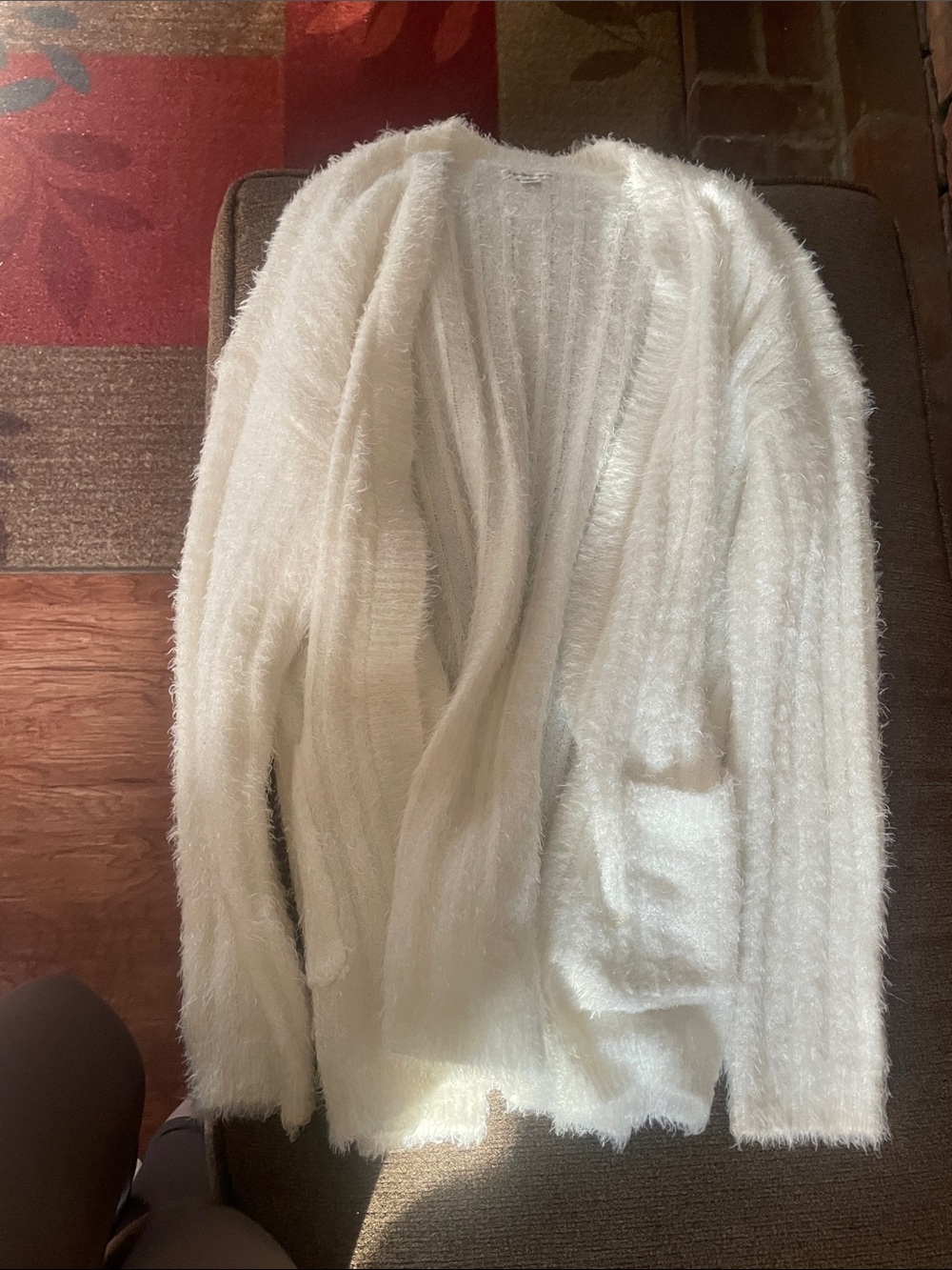 Women's Cream Fuzzy Open-Front Cardigan Sweater